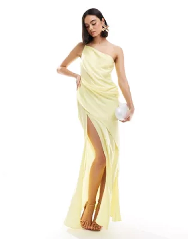 ASOS DESIGN satin one shoulder maxi dress with thigh split in lemon | ASOS