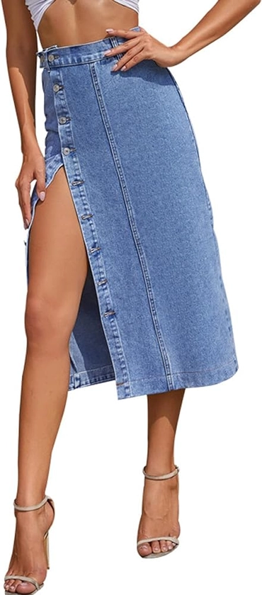 Women's Casual Slit Denim Midi Jean Skirt Stretch High Waisted Button Up Frayed with Pockets