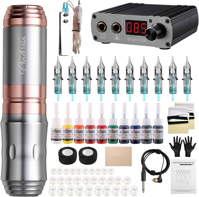 STIGMA Tattoo Machine Kit Complete Rotary Machine Set Tattoo Pen with 10Pcs Tattoo Cartridges Needles Digital Display Power Supply for Beginners and Tattoo Artists STP35KITP192-7-UK