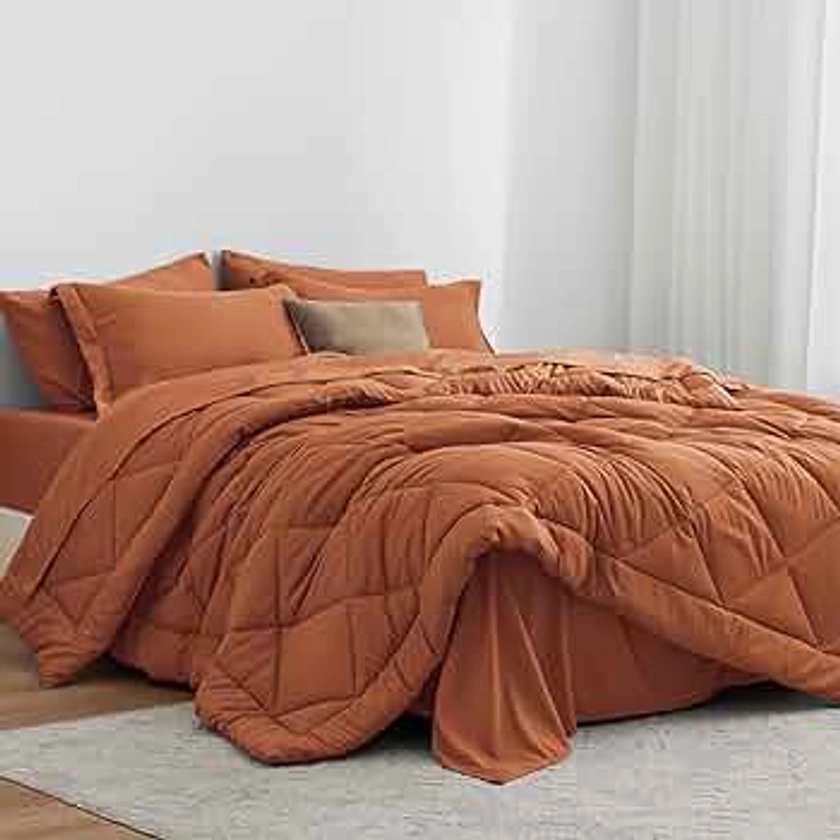 Love's cabin Full Comforter Set Terracotta, 7 Pieces Full Bed in a Bag, All Season Full Bedding Sets with 1 Comforter, 1 Flat Sheet, 1 Fitted Sheet, 2 Pillowcase and 2 Pillow Sham