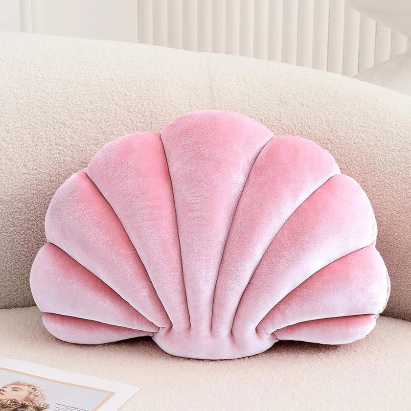Seashell Decorative Pillow Shell Shaped Throw Pillow 3D Insert Beach Pillow Soft Velvet Pillow Sea Ocean Decoration Couch Bed Pillow Cushions(Pink,14 X 11 inch)
