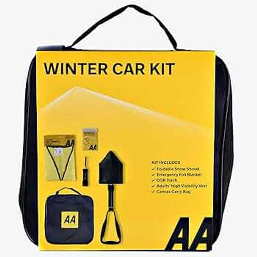 AA Winter Car Kit AA3386 - Folding Snow Shovel, LED/COB Torch, Foil Blanket, Hi-Vis Vest - Zipped Storage Bag – Suitable for Any Vehicle or Home, Black
