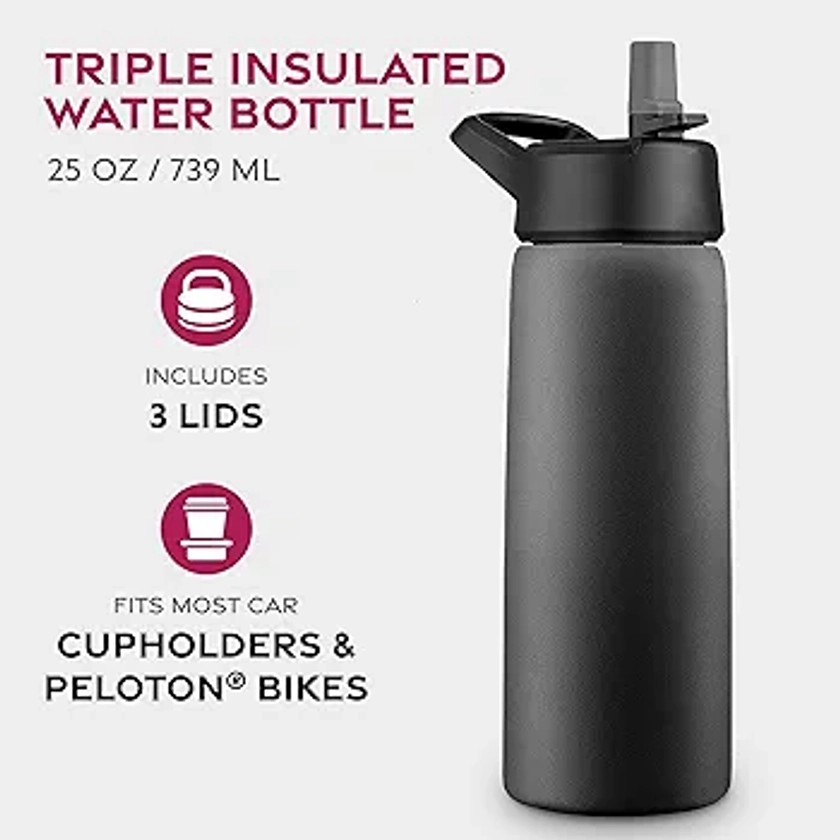 Triple Insulated Stainless Steel Water Bottle with Straw Flip Top Lid - Wide Mouth Cap (750 ML) Water Bottles, Keeps Hot and Cold - Great for Hiking & Biking (Inky Raven Black)