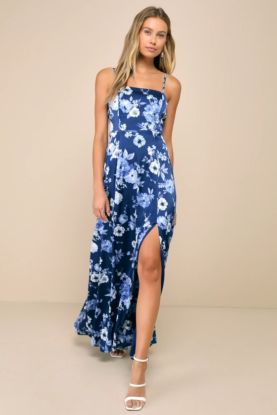 Sincerely Romantic Navy Blue Floral Satin Tie-Back Maxi Dress