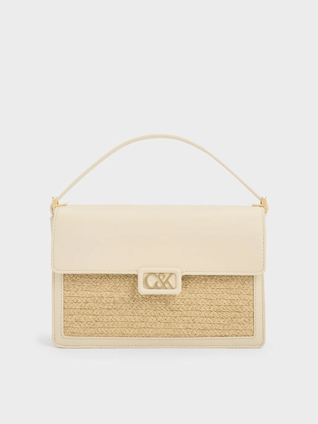 Sac porté épaule en cuir et raphia    
         - Beige