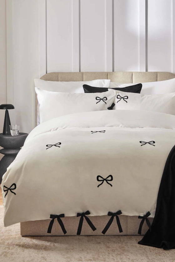 Buy White/Black Bow Embroidered Duvet Cover and Pillowcase Set from the Next UK online shop