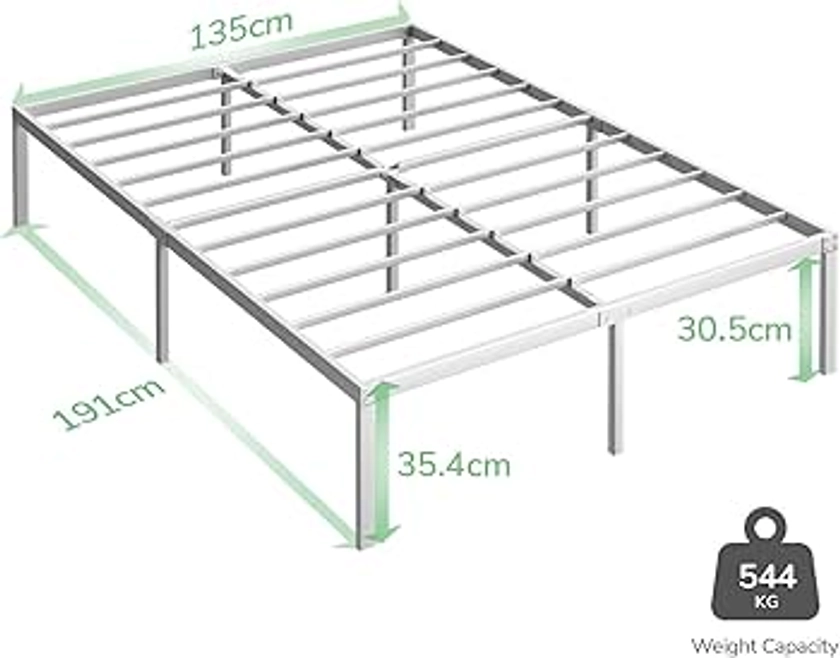 Novilla 30.5cm Metal Double Bed Frame, Platform Bed Frame, Steel Slat Support, Mattress Foundation, Easy Assembly, Silent Design, Underbed Storage Space 135x190cm, White