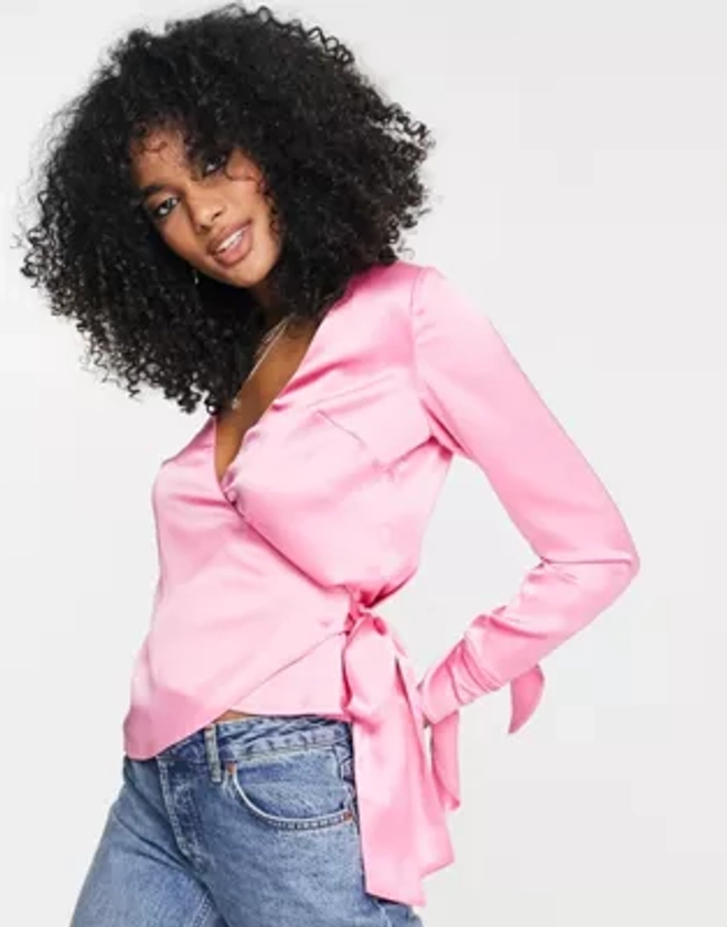 ASOS DESIGN wrap front satin blouse with tie cuff in bubblegum pink | ASOS