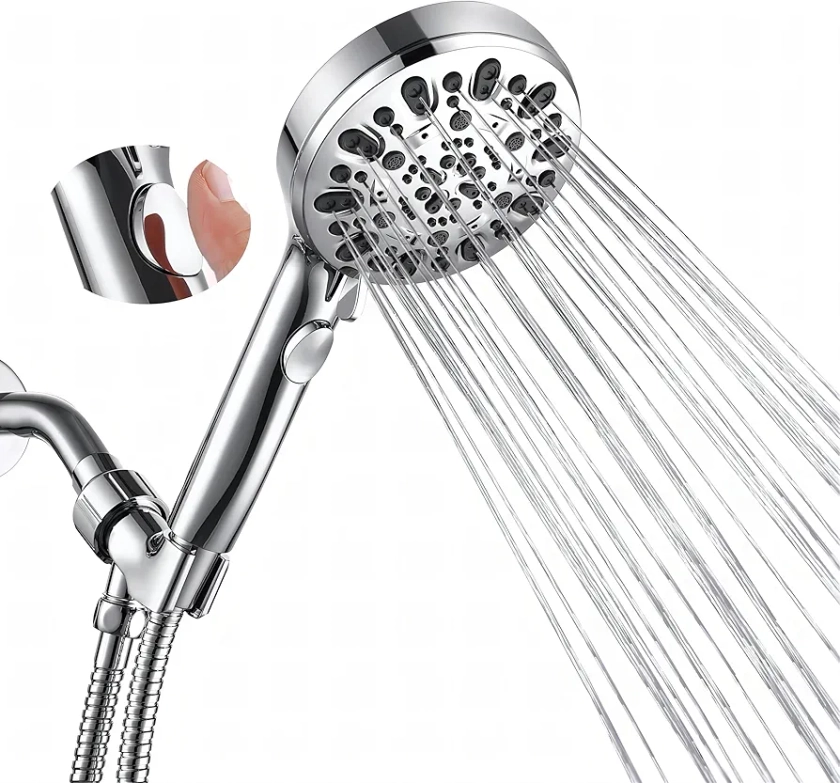 Shower Head with Handheld Set 7 Spray High Pressure Detachable Shower Heads with Extra 60" Long Stainless Steel Hose and Adjustable Bracket-Chrome Finish Hand Held Showerhead with On/Off Switch