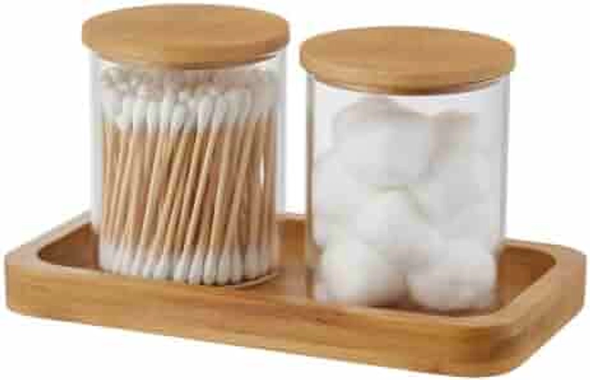 Bamboo Vanity Tray, Bathroom Tray Organizer Glass Qtip Holder Dispenser Apothecary Jars for Cotton Swabs Balls, Round Pad, Perfume Candles, Cosmetics and Jewelry Storage Organizer