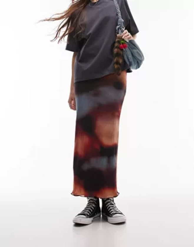 Topshop - Gonna midi plissé stropicciata con stampa tie-dye sfocata multicolore