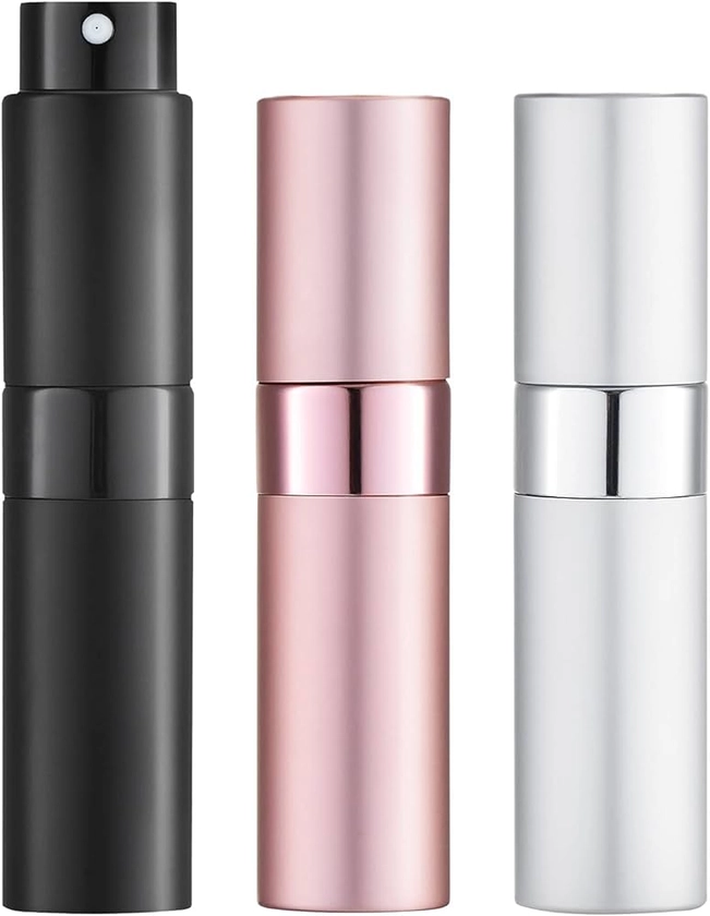 Lisapack 8ML Atomizer Perfume Spray Bottle for Travel (3 PCS) Empty Cologne Dispenser, Portable Sprayer for Men and Women (Black, Silver, Pink)