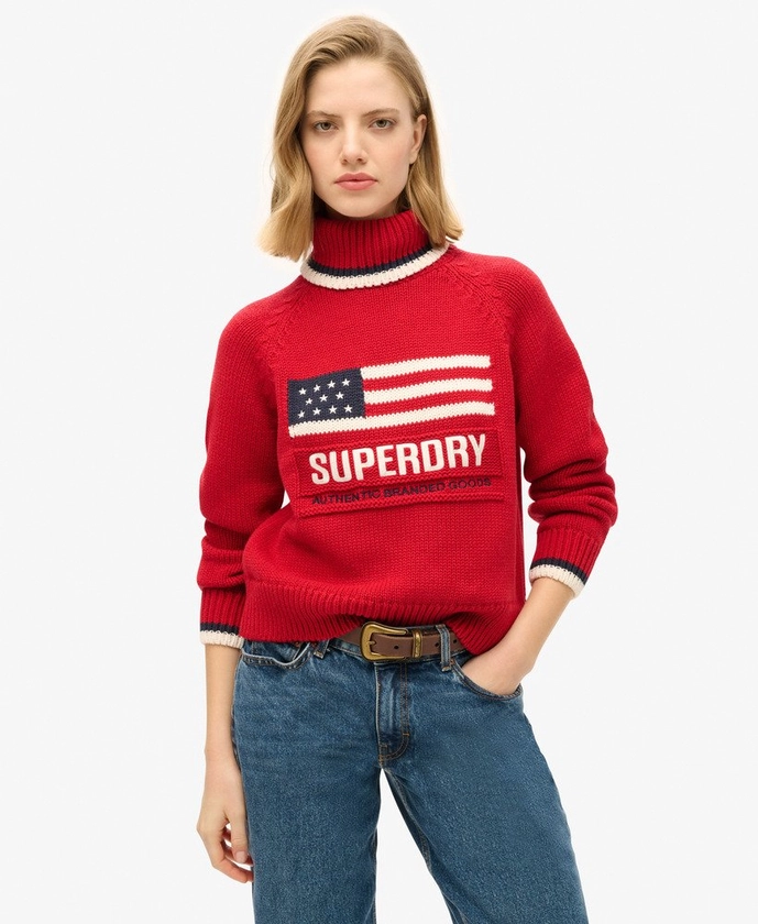 Femme - Pull en maille à col roulé Americana Rouge Vif | Superdry FR