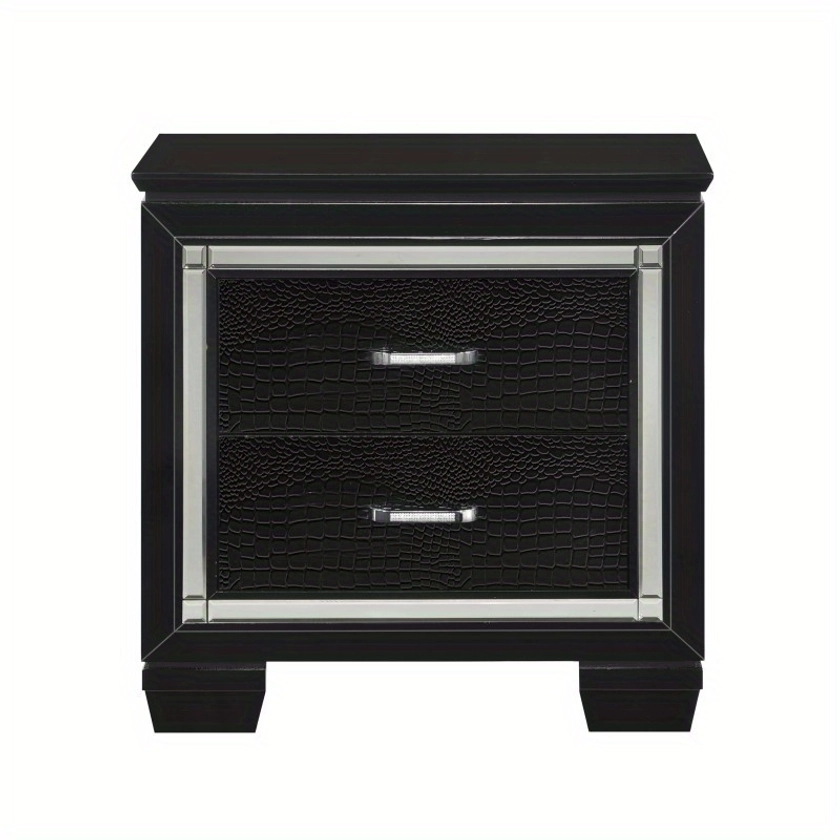 Attractive black finish 1 piece nightstand 2 dovetail drawer embossed front bedroom furniture
