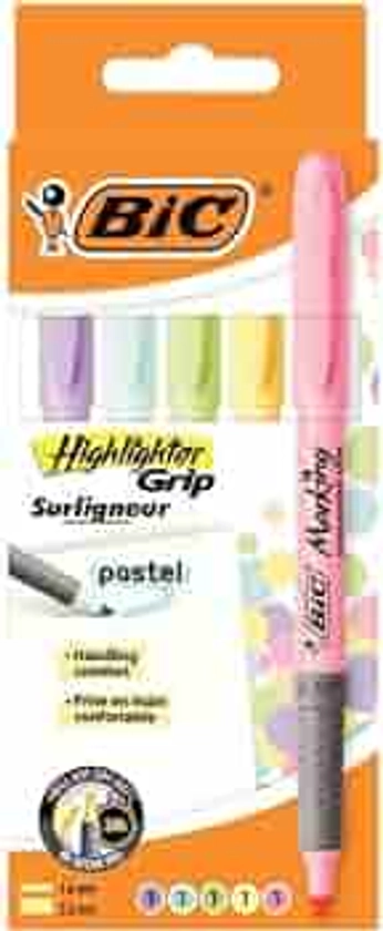 Surligneur Bic Highlighter Grip pastel - pochette de 5 couleurs assorties