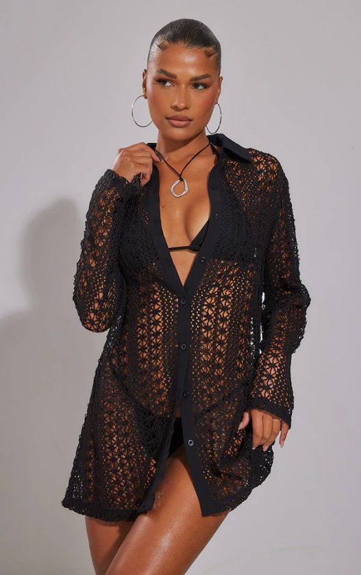 Black Crochet Oversized Beach Shirt