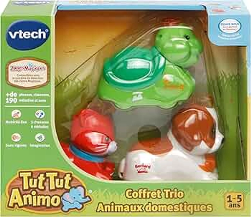 VTech - Tut Tut Animo, Coffret Trio Domestique, 3 Animaux Roulants Interactifs, Chat, Tortue et Chien de Montagne, Jouet Musical et Sonore, Cadeau Enfant de 1 An à 5 Ans - Contenu en Français