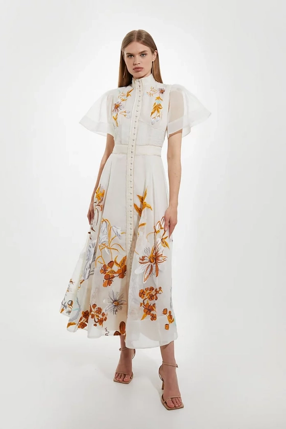 Botanical Embroidery Organdie Angel Sleeve Midi Dress