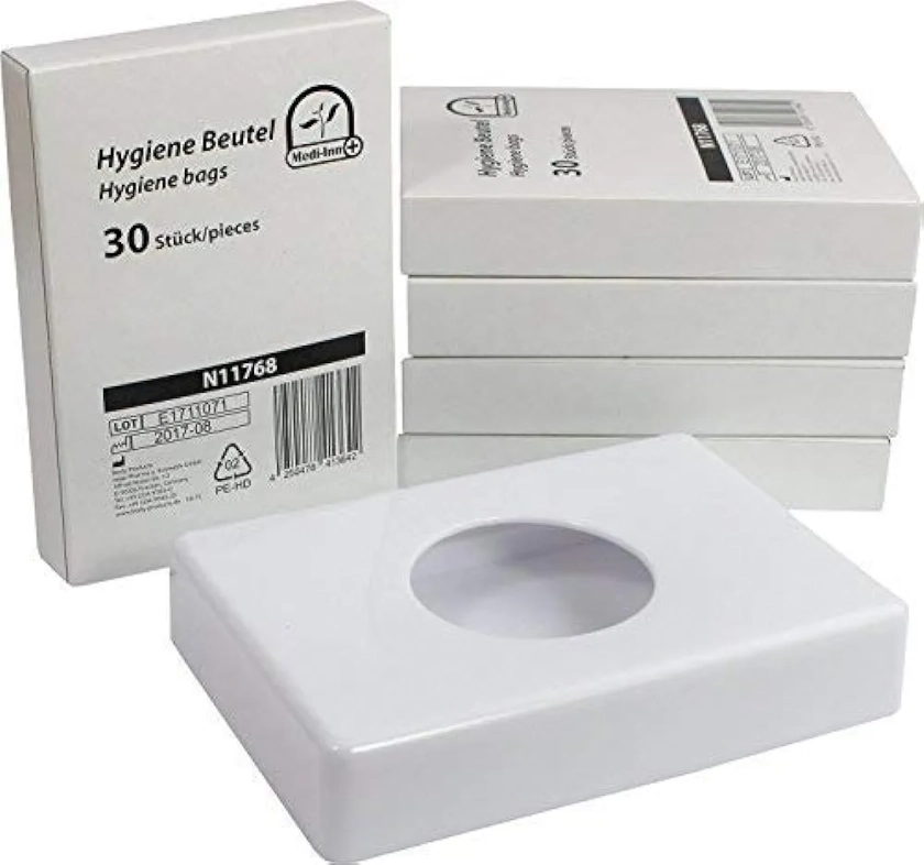 Medi-Inn Hygiënezakdispenser, met hygiënische zakken, voor het eenvoudig verwijderen van maandverband, inlegkruisjes en tampons (1 x dispenser wit + 150 hygiënische zakken) : Amazon.nl: Gezondheid & persoonlijke verzorging