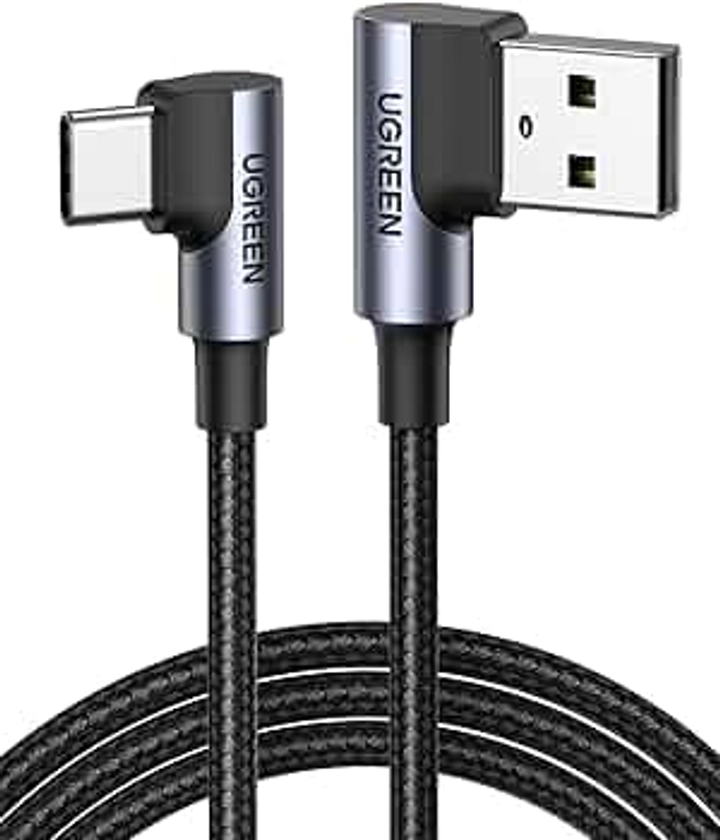 UGREEN Câble USB C Coudé 90 Degrés Charge Rapide 3A Nylon Tressé Compatible avec iPhone 16 Plus Pro Max 15 Galaxy S24 Plus Ultra S23 S22 A55 A35 Redmi Note 11 Pro 9 Pro P60 P50 P40 Pro (0.5M)