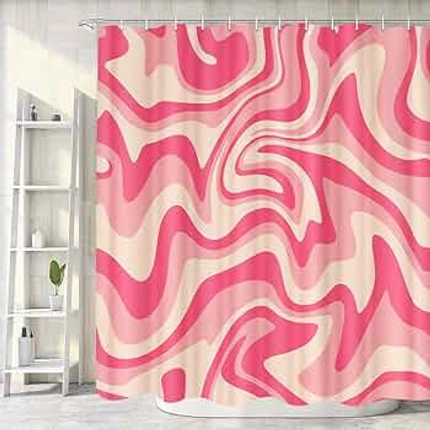 Pink Shower Curtain, Aesthetic 70S 80S Abstract Wavy Swirl Cute Beige Boho Shower Curtain, Retro Minimal Bathroom Accessories Groovy Teen Girls for Bathroom Curtains Set with Hooks, 72x72IN