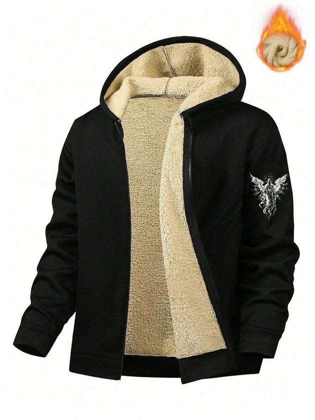 Yemwry Men's Fashionable Casual Versatile Angel Print Fleece Lined Zip-Up Hoodie Jacket | SHEIN UK