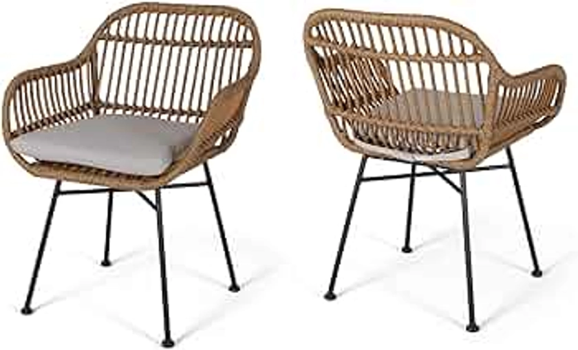 Christopher Knight Home Rodney Indoor Woven Faux Rattan Chairs with Cushions (Set of 2), Light Brown and Beige Finish