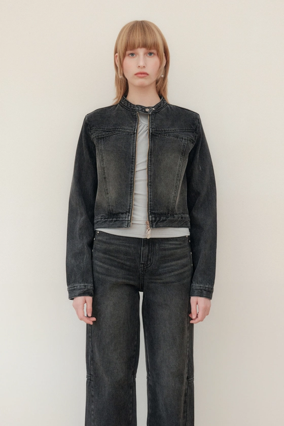 CROP DENIM TWO WAY JACKET - BLACK