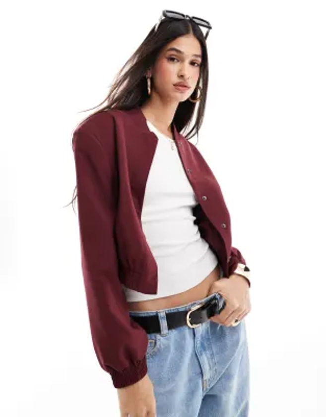 ASOS DESIGN tailored bomber jacket with strong shoulder in claret | ASOS