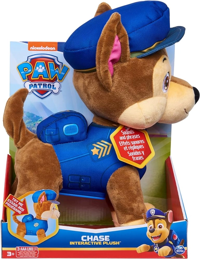 PAW Patrol, Talking Chase 30.5-cm-tall Interactive Plush Toy with Sounds, Phrases and Wagging Tail, Stuffed Animals, Kids Toys for Ages 3 and up : Amazon.co.uk: Toys & Games