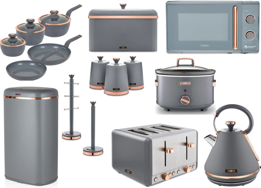 Tower Cavaletto Complete Kitchen Set of 16 Items Grey & Rose Gold 3 Yr