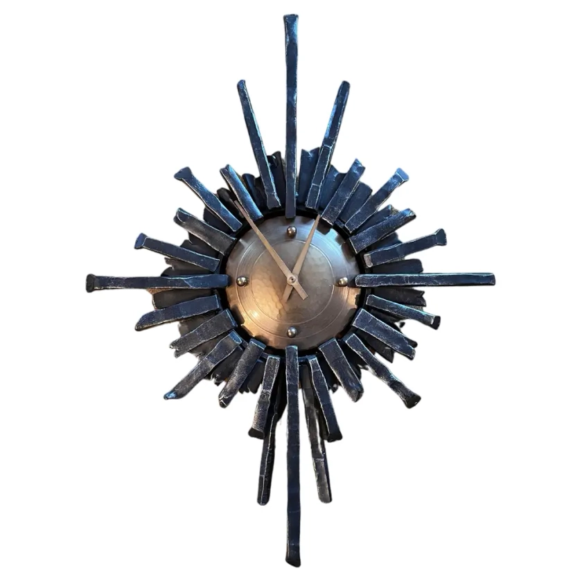 Brutalist Hollywood Regency Sunburst Metal Wall Clock, Germany, 1970s