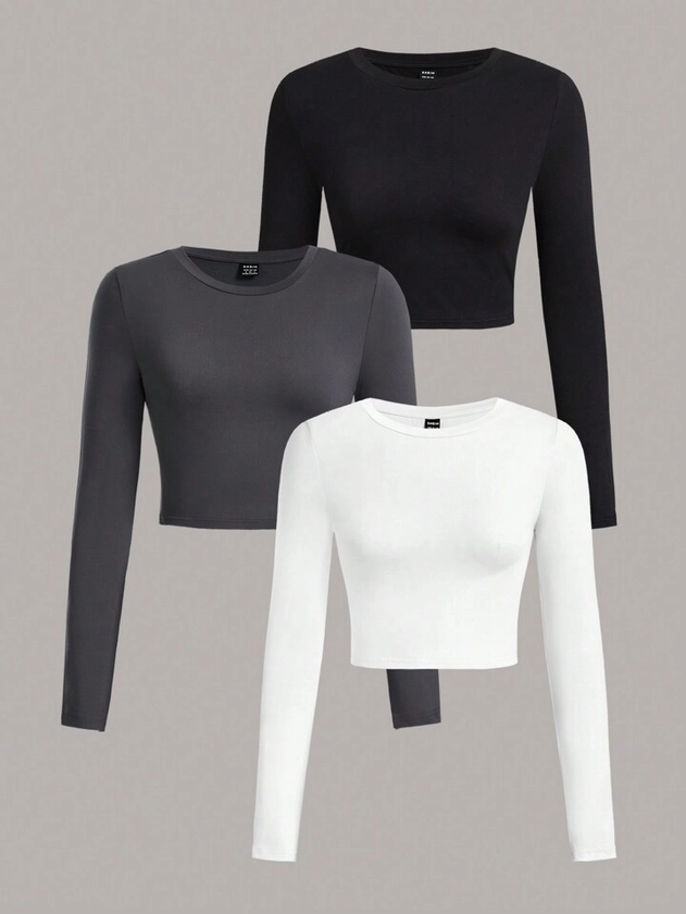 SHEIN x Deborah SHEIN EZwear 3pcs Simple Round Neck Tight Cropped Women's Long Sleeve T-Shirt, Casual