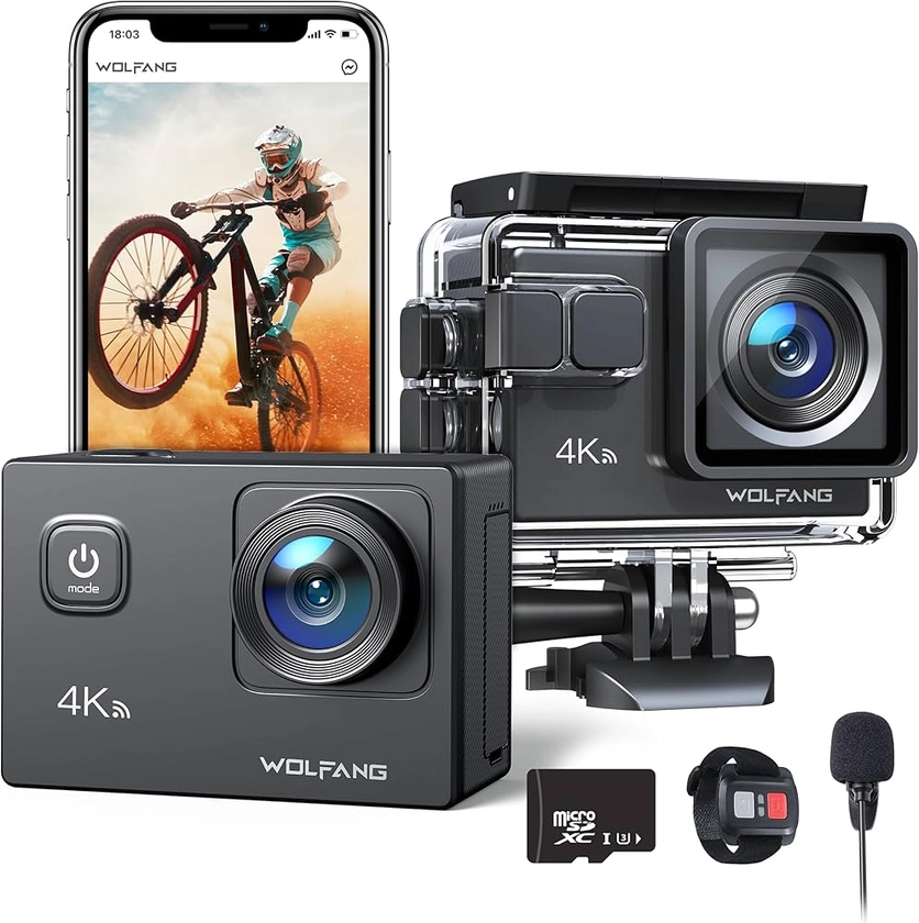 WOLFANG Action Camera GA100 with 32GB microSDXC Memory Card 4K 30FPS 20MP Underwater Camera Waterproof 40M, WiFi Videocamera with Dual Mic, 170° Wide Angle, EIS Anti-shake, Various Accessories