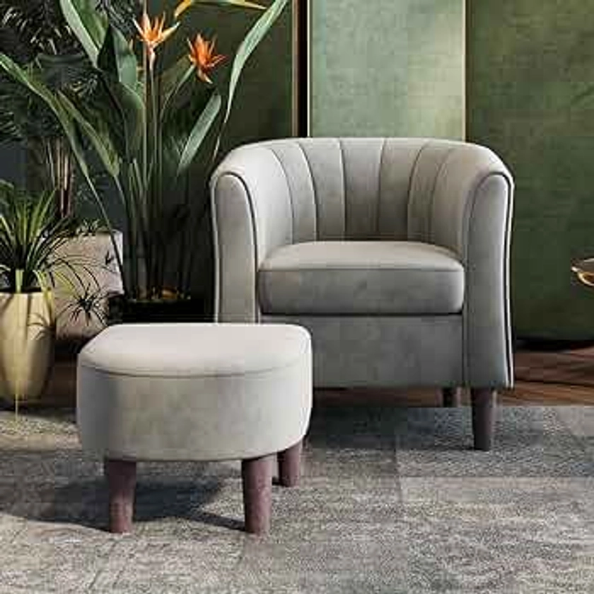 LINSY Velvet Accent Chair, Barrel Chair with Ottoman, Modern Comfy Reading Chair Armchair for Living Room Study Room Office, Gray