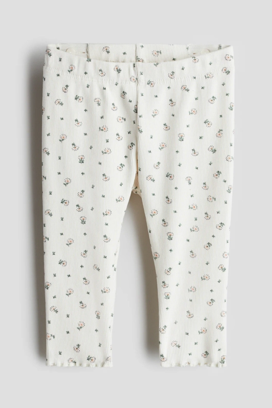 Legging en coton côtelé - Taille régulière - Longue - Blanc/fleurs - ENFANT | H&M FR