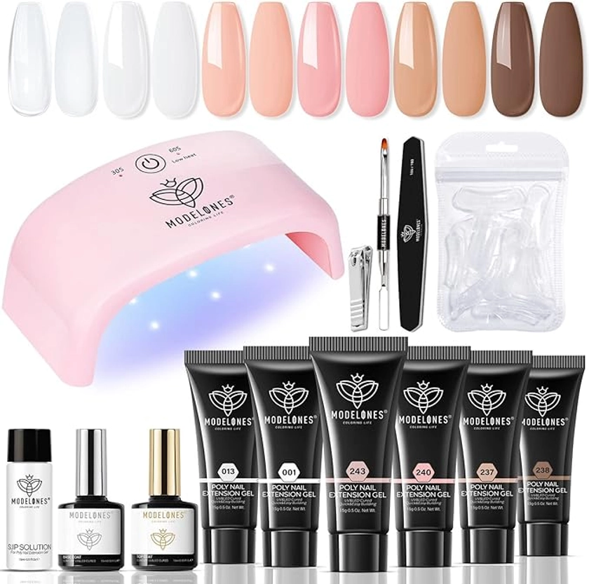 Modelones Polygel Kit Complet Ongles Extension Gel 6 Couleurs Transparent Blanc Rose avec 20W Lampe UV Base et Top Coat Slip Solution Building Gel Kit Vernis Semi Permanent Cadeau de la Saint-Valentin