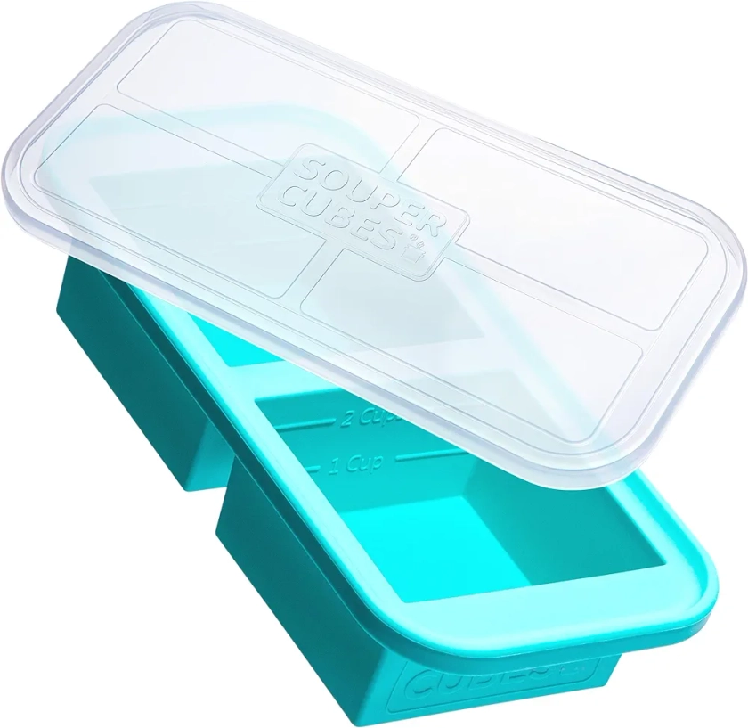 Souper Cubes 2 Cup Silicone Freezer Tray with Lid - Easy Meal Prep Container and Kitchen Storage Solution - Silicone Mold for Soup and Food Storage - Aqua - 1-Pack