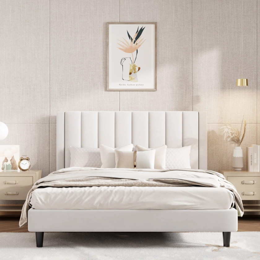 Stauton Upholstered Platform Bed with Velvet and Striped Headboard