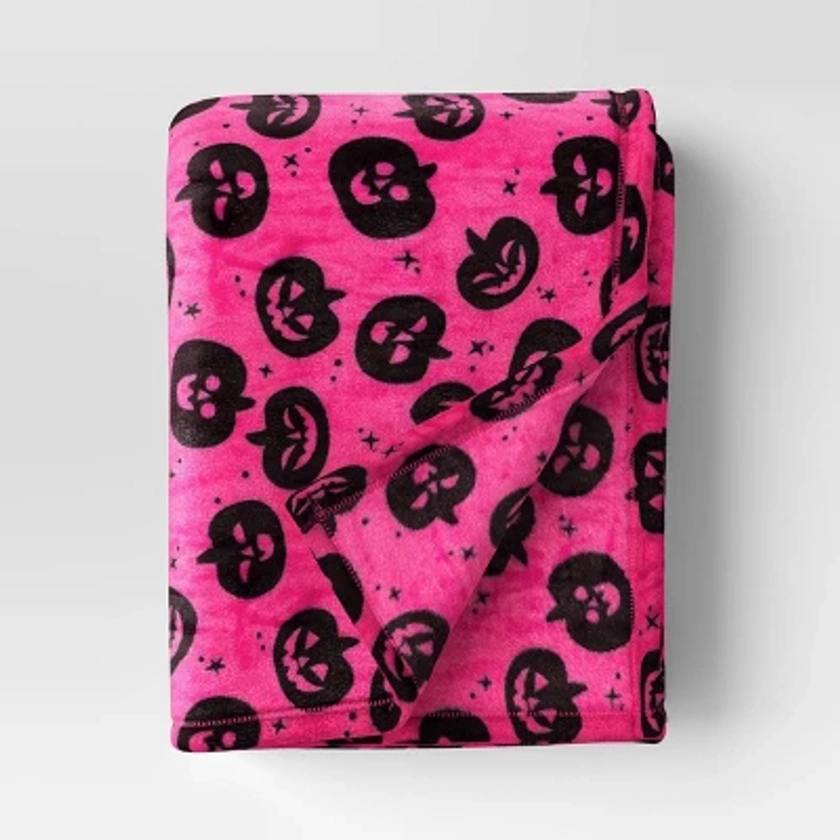 Pumpkin Printed Plush Halloween Throw Blanket Pink - Hyde & EEK! Boutique™: Cozy Recycled Polyester, Knitted, 50x60"