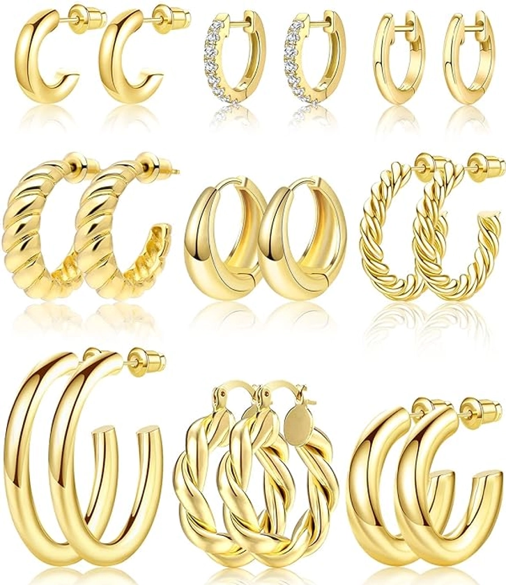 Amazon.com: Adoyi Gold Hoop Earrings Set for Women Gold Hoops Twisted Huggie Hoops Earrings 14K Plated Gold Jewelry for Girls Gift Lightweight 9 Pairs Ear Cuffs Gold Jewelry for Women: Clothing, Shoes & Jewelry