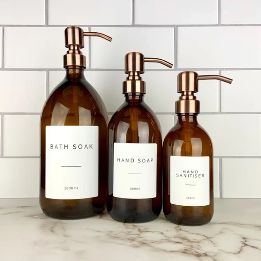 Amber Glass Bottle - Refillable Bottle With Rose Gold Pump Dispenser & Label | For Shampoo, Hand Soap, Hand Cream, Body Wash | Eco Reuse