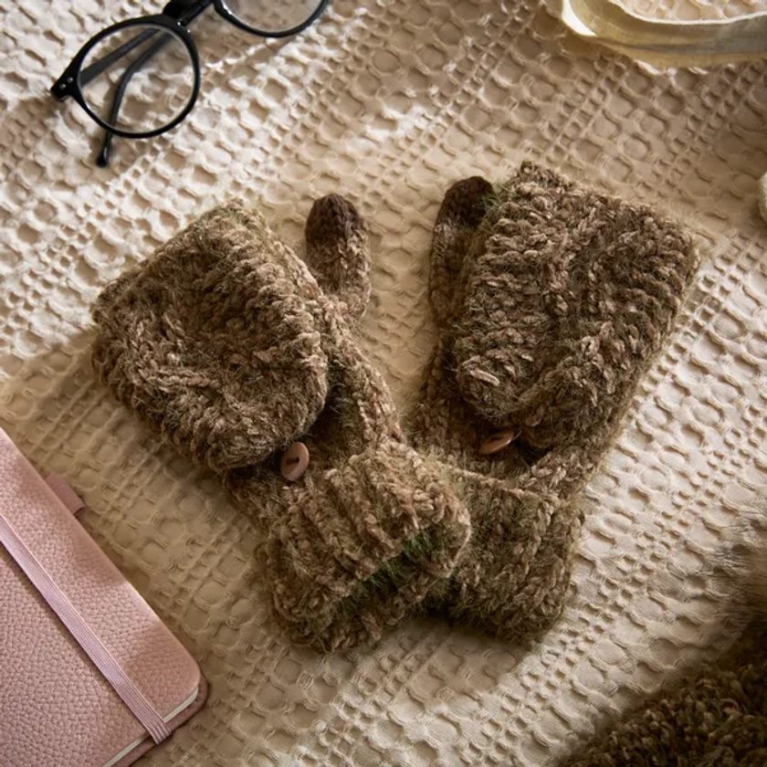 Chenille Olive Knitted Winter Gloves