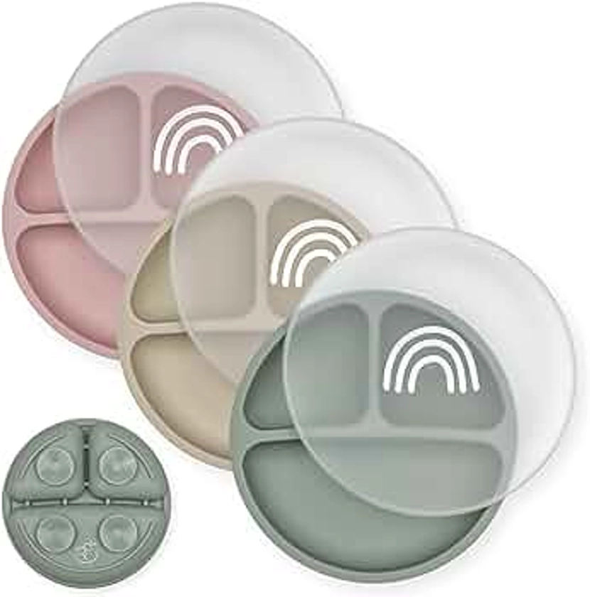 Hippypotamus Toddler Plates - Suction Plates with Lids for Baby - 100% Food-Grade Silicone - BPA Free - Dishwasher Safe - Set of 3 (Sage/Blush/Nude with LIDS)