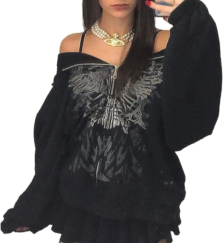 Amiblvowa Y2k Hoodies Zip Up Women Oversized Graphic Sweatshirt Aesthetic Vintage Harajuku Grunge Teen Girls Halloween Jacket