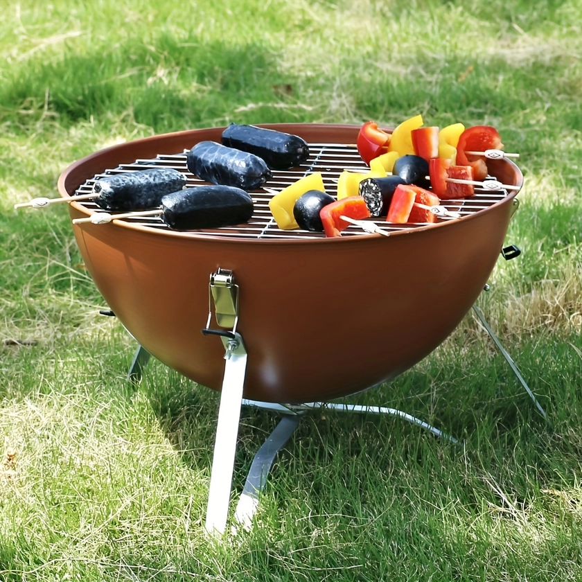 1pc, Barbecue Grill, Round Portable Barbecue Grill, Tabletop Picnic Charcoal BBQ Grill For Family Picnic Garden Terrace Camping Travel Barbecue Party,
