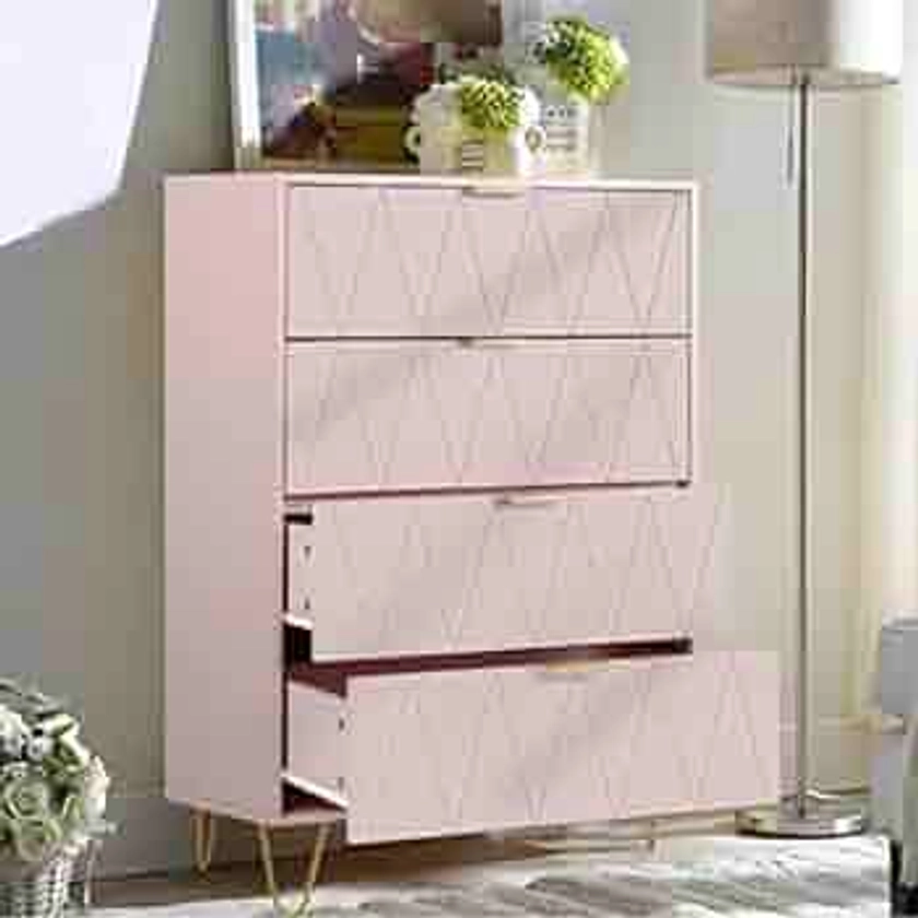 Anbuy 4 Drawer Dresser, Drawer Chest, Tall Storage Dresser Cabinet Organizer Unit with Metal Legs for Bedroom, Living Room, Closet
