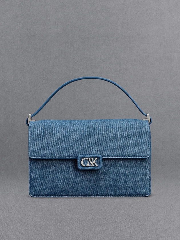 Sac porté épaule en denim    
         - Bleu