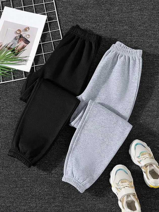 SHEIN Genkimix Kids 2pcs/Set Tween Girls' Casual Knitted Sweatpants Set, Black/White (Multiple Choices)