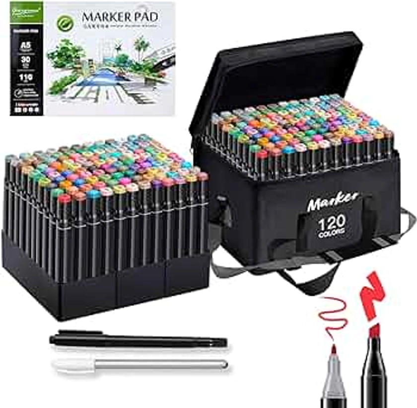 Alcohol Based Ink Art Markers, 120 Colors Broad&Fine Dual Tip Permanent Markers Pen Set for Professional Student Child Coloring Illustrations Sketch Drawing Painting Card Making (Black)